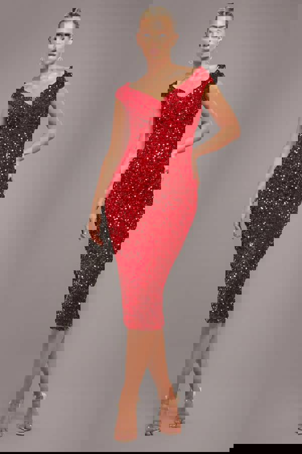 Multi Sequin & Velvet Bardot Midi Dress - Red DR3550