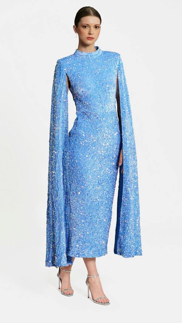 LuvForever Meraki - Sky Blue Cape Sleeve Sequin Midi Dress
