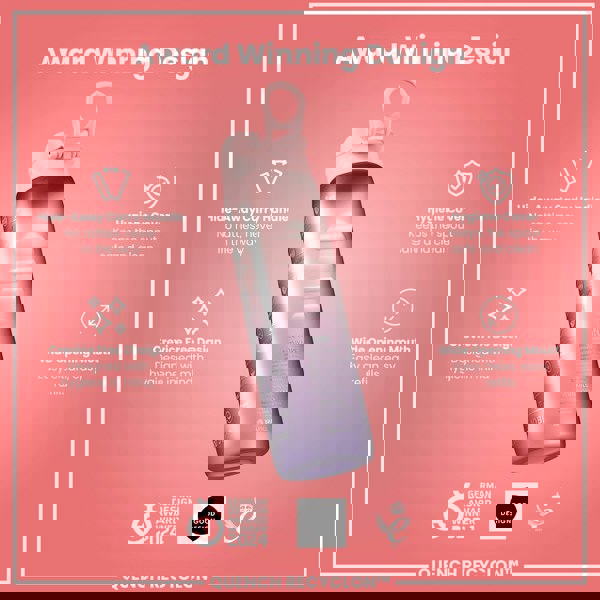 ION8 Leak Proof 1 Litre Water Bottle with Times to Drink, Recyclon, Purple & Rose, 1L