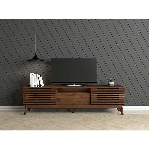 TV cabinet in a modernly decorated living room. It shows the 2 cupboards, 3 internal shelfs and pull out drawer in use with a TV on top.