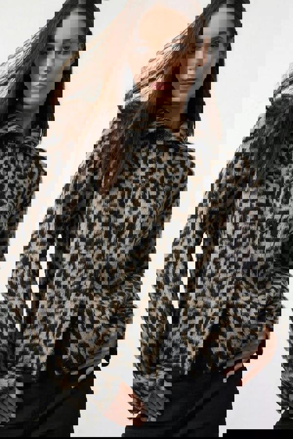 WOVCOR Leopard Print Polo Neck Knit Cardigan