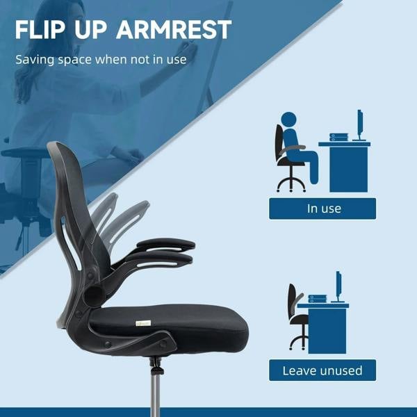 Black mesh standing chair with flip-up armrests and rounded footrest ring, height adjustable