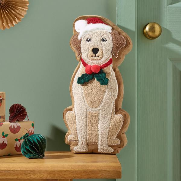 Catherine Lansfield Christmas Dog 3D Shaped Cushion Cream / Red
