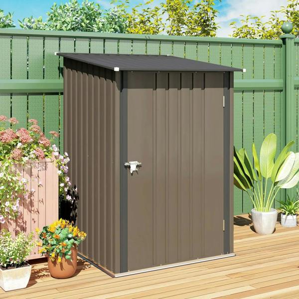 Lean-to steel garden shed with locking door, brown and gray exterior panels.