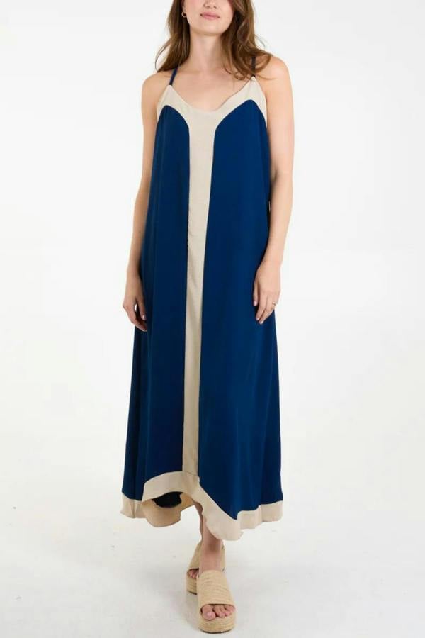 Hoxton Gal Relaxed Fit Cami Midi Dress in Beige and Navy