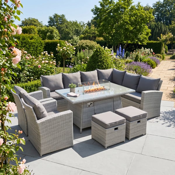 Fimous 9 Seater Outdoor Garden Dining Set with Gas Fire Pit Table, 2 Chairs, 2 Footstools - Light Grey Mixed