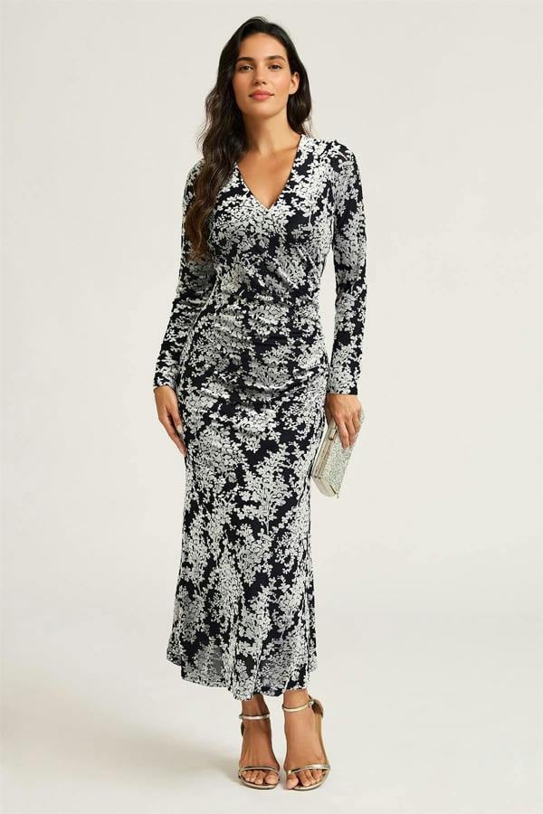 FS Collection Silver Floral Velvet Devore Long Sleeve Wrap Midi Dress In Black