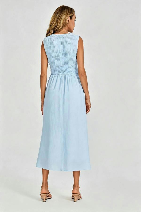 FS Collection Shirred Midi Dress with Sleeveless V-Neck In Light Blue