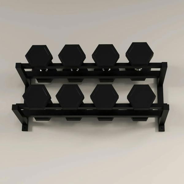 Wall-mounted two-tier dumbbell rack displaying eight black hex dumbbells