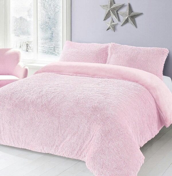 Night Zone Alaska Cuddles Long Fur Teddy Fleece Duvet Cover Set – Warm Bedding with Pillowcases - Pink