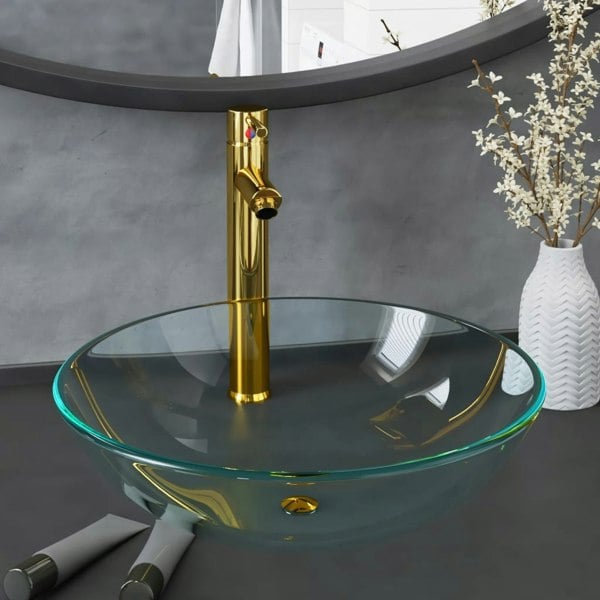 Berkfield Bathroom Sink with Tap and Push Drain Clear Tempered Glass