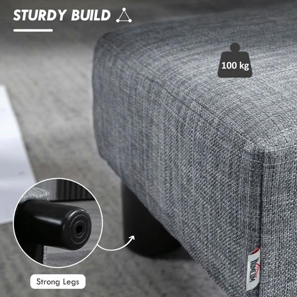 Grey linen ottoman footstool cube with strong black legs, stitched upholstery
