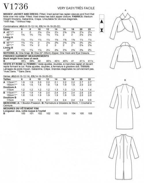 Vogue Sewing Pattern 1736, Jackets, Dresses for Women, A5 (6-8-10-12-14) - Easy