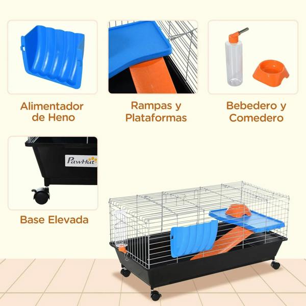 Black small animal cage with elevated base, blue feeder, orange ramp, and water bottle