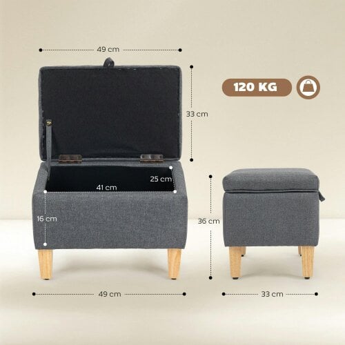 Wyld Haus Doma Linen Grey Compact Storage Footstool With Storage Natural Wooden Legs