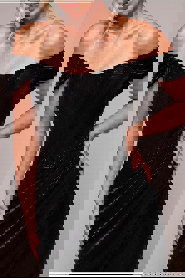 Draped Shoulder Velvet Corset Midi Dress - Black DR4066