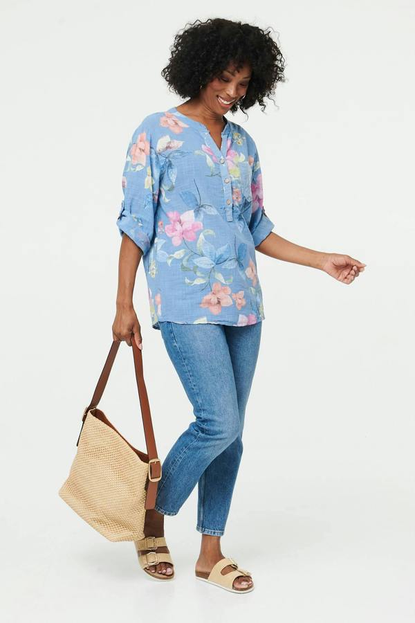 Blue | Floral Curve Hem Turn-Up Sleeve Blouse
