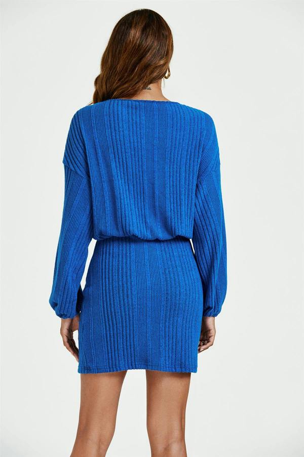 FS Collection Long Sleeves Knit Mini Dress In Blue