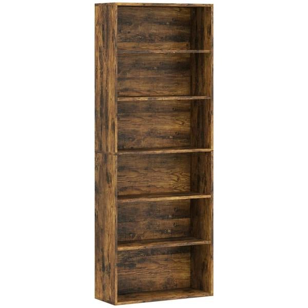 Rustic brown wooden six-shelf bookcase with open rectangular compartments and frame sides