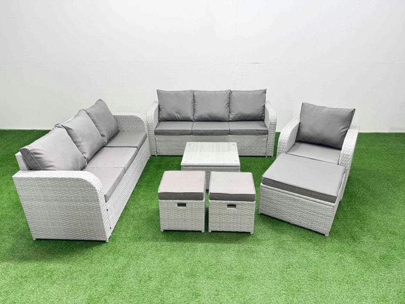 Fimous 10 Seater Rattan Outdoor Garden Furniture Square Coffee Table Set 3 Seater Sofa Reclining Chair 3 Seater Sofa 3 Stools Light Grey