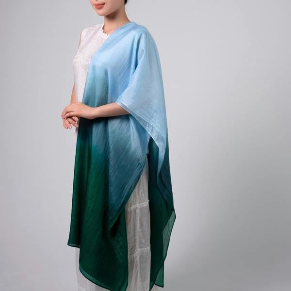 Blue & Emerald Ombré Silk Scarf – Hand-Dyed Mulberry Silk, Wedding Guest & Eid Wrap