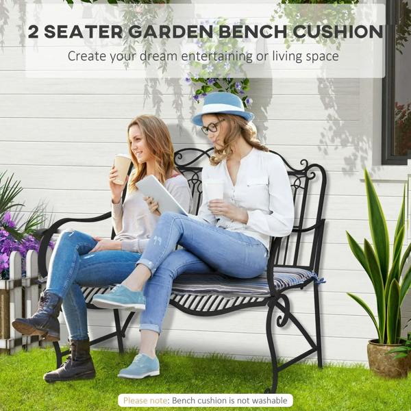Two-seater bench cushion with blue and gray stripe pattern and corner tie straps