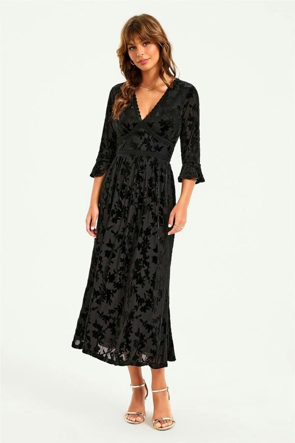 FS Collection Floral Velvet Devore Lace Trim Neckline Midi Dress In Black