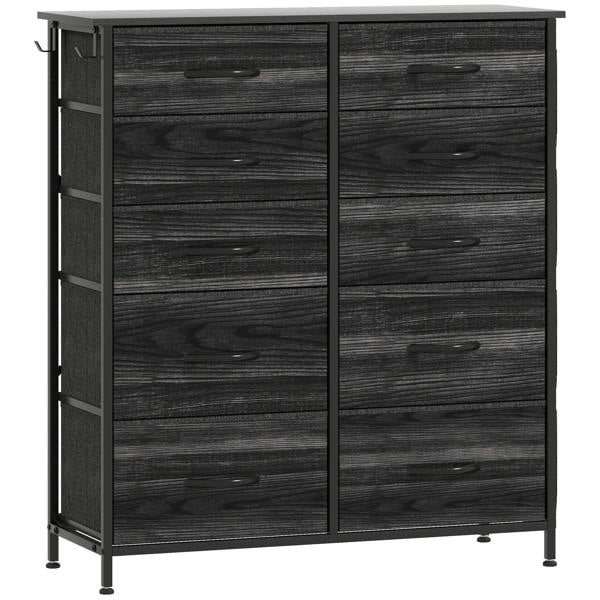 Black fabric drawer chest with 10 drawers, flat pulls and open frame sides