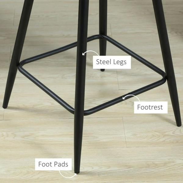 Black steel legs for a blue velvet-touch bar stool with arched footrest and rubber foot pads