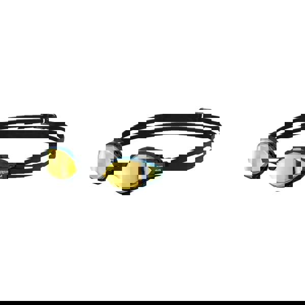 Black and yellow Arena Airspeed mirror swim goggles with adjustable strap