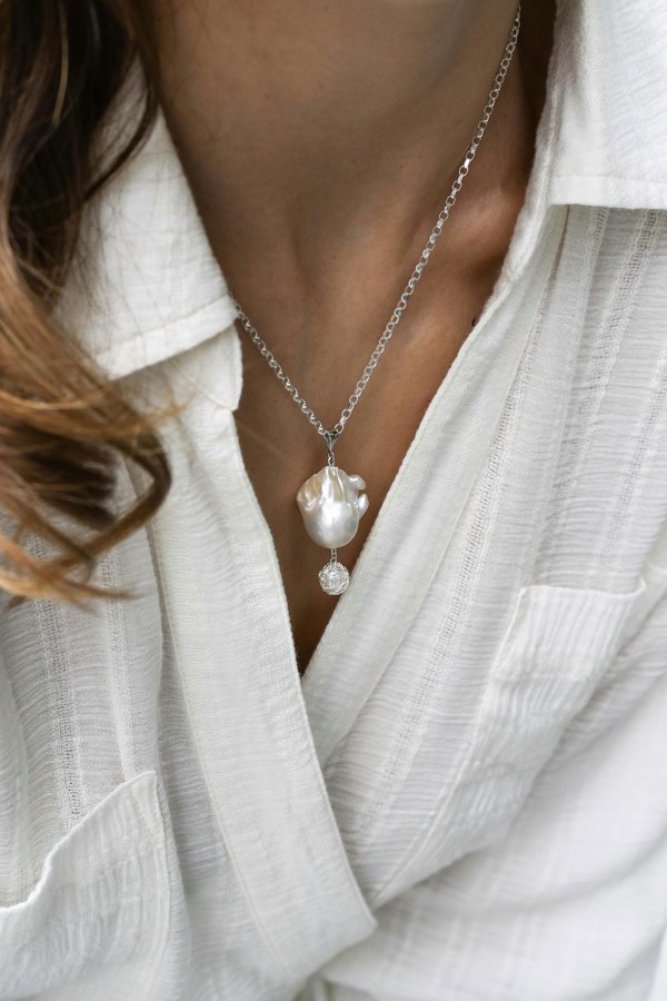 Aelita Jewellery Large Baroque Pearl Pendant With Hand Crocheted Fine Silver Pearl Drop