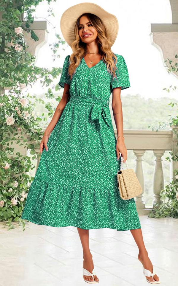 FS Collection White Little Flower Print Short Sleeve Wrap Style Midi Dress In Green