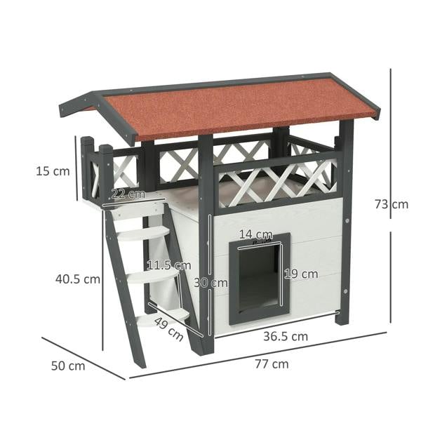 White cat house with balcony roof and side ladder, showing layout dimensions
