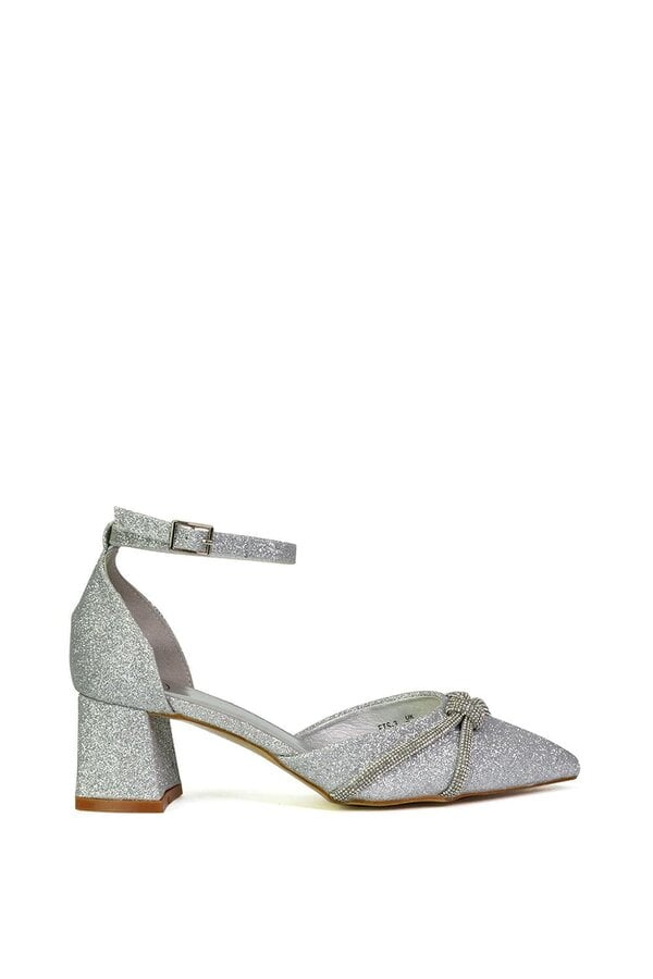 XY LONDON Ankle Strap Pointed Toe Diamante Mid Block Heels