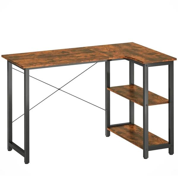 L-shaped corner computer desk with rustic brown wood top, black metal legs, 2-tier shelf