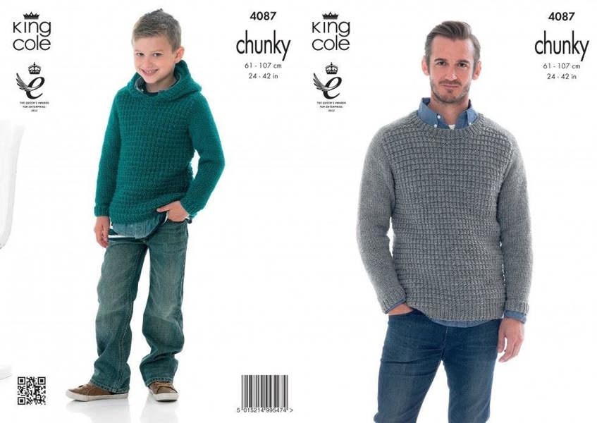 King Cole Big Value Knitting Pattern 4087, Hoodies, Sweaters for Kids, Men, 24 - 42 Inches - Intermediate