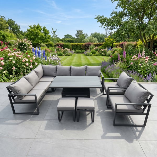 Fimous 10 Seater Aluminium Garden Furniture Set with Adjustable Rising Lifting Dining Table,Chair,2 Small Footstools Corner Sofa Set Dark Grey