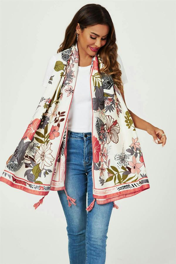 FS Collection Tropical Floral Print Tassel Scarf In Pink