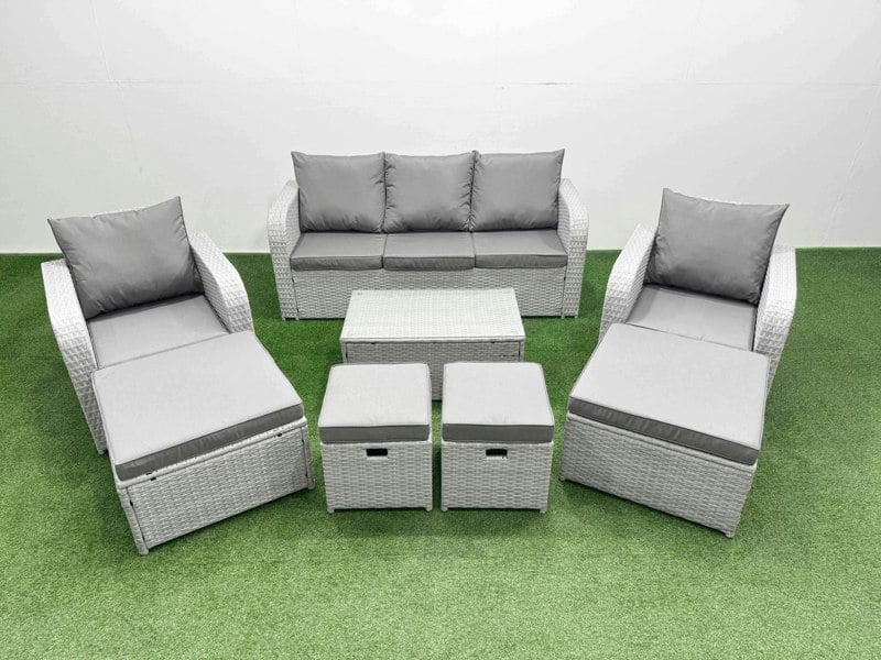 Fimous 8 PCs Rectangular Coffee Table Set Reclining Chair Inclining Sofa Seat 2 Big Footstool 2 Small Stool Light Grey