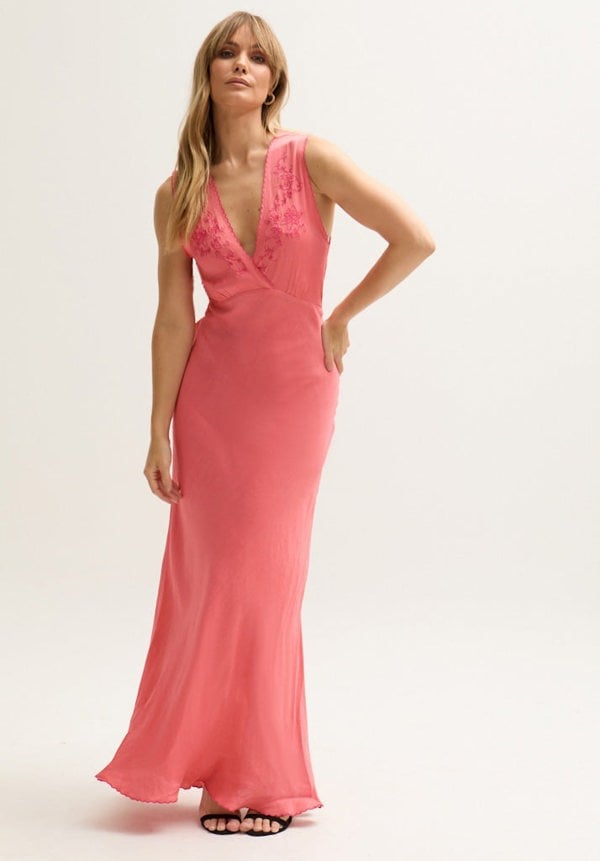 Pandora Bias Cut Sleeveless Embroidered Maxi Dress In Orange
