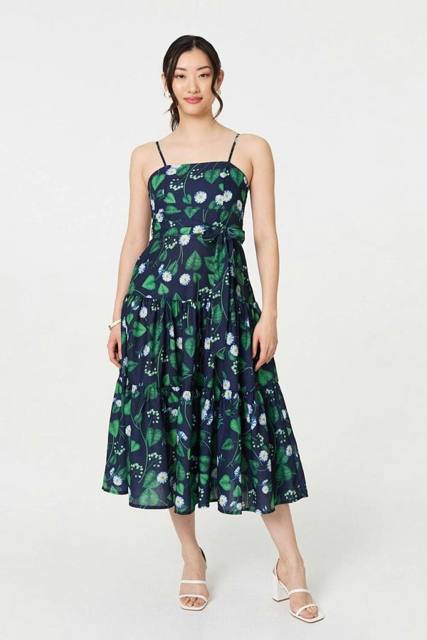 Green | Floral Sleeveless Tie Waist Midi Dress
