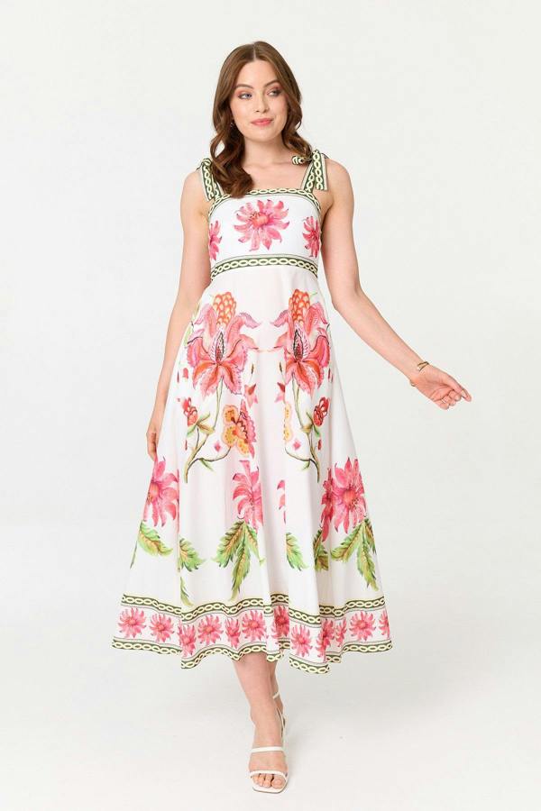 White | Floral Tie Strap Sleeveless Midi Dress