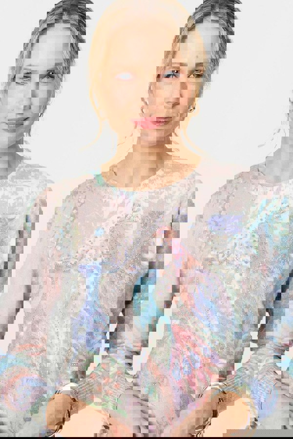 Beige | Peacock Print Diamante Studded Knit Top
