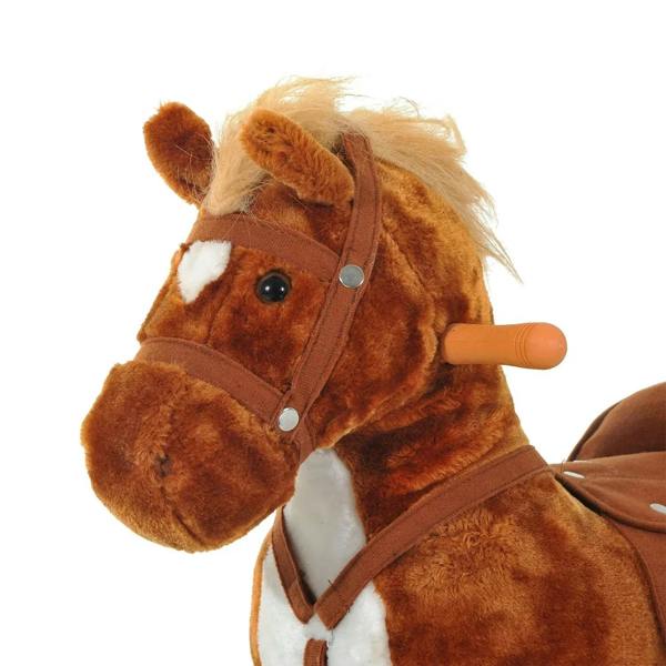 Brown plush ride-on horse head with bridle, white muzzle patch, and orange pull handle