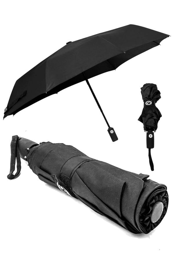 Black Optimum compact folding umbrella shown open and folded with auto button, three views on white - Optimum