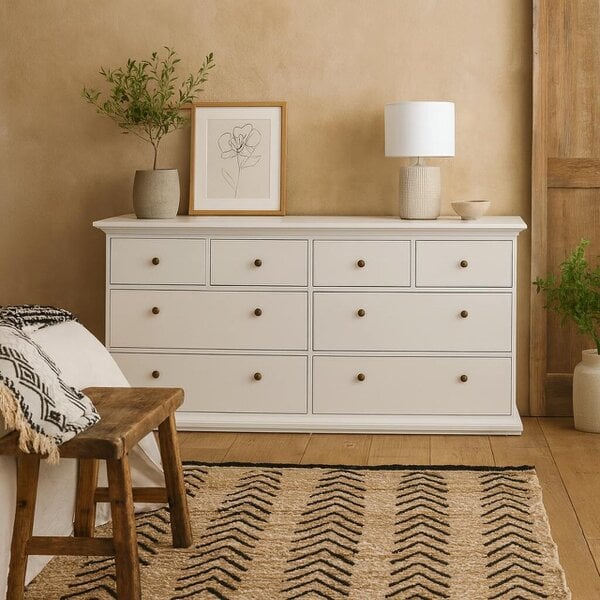 Wyld Haus Osaka Farmhouse Wide White Wooden Chest 8 Drawers
