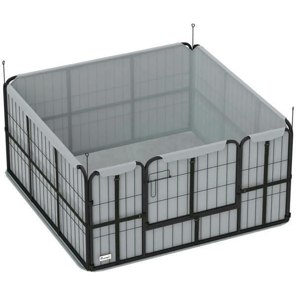 Black steel dog whelping box with wind-resistant cloth panels and washable whelping pad
