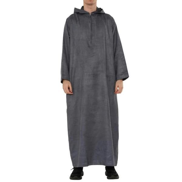 HM12 - Men's Hooded Suede Emirati Omani Zipped Thobe - Grey - Thobez - 15