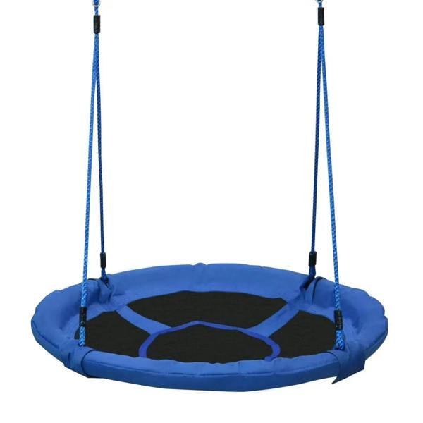 Blue round kid hanging swing seat with black center panel and crisscross straps