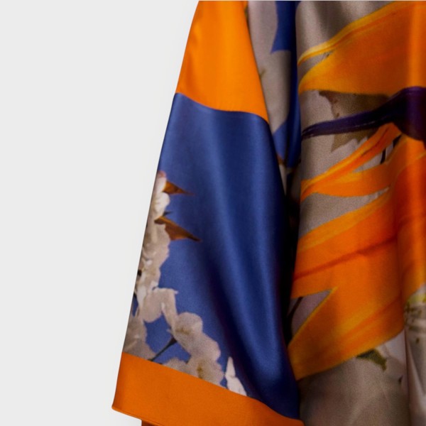 Bird of Paradise White Blue Cherry Blossom Silk Kimono Detail